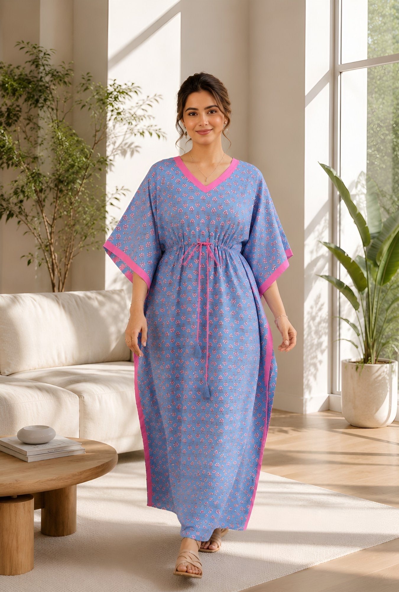 Anastya Blooming Breeze Sky Blue Cotton Loungewear Kaftan