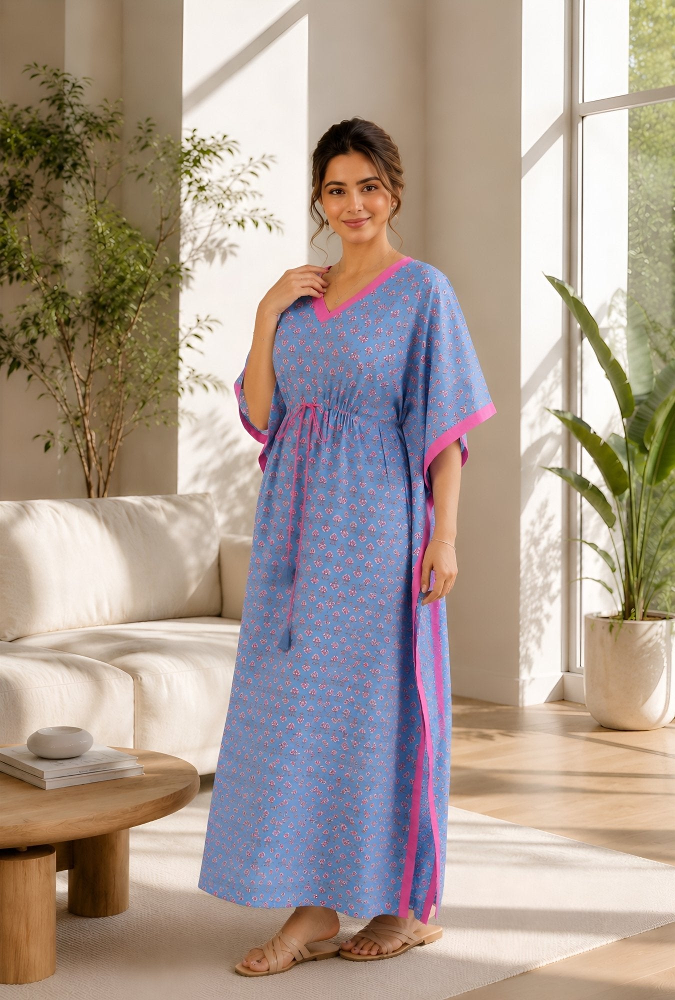 Anastya Blooming Breeze Sky Blue Cotton Loungewear Kaftan