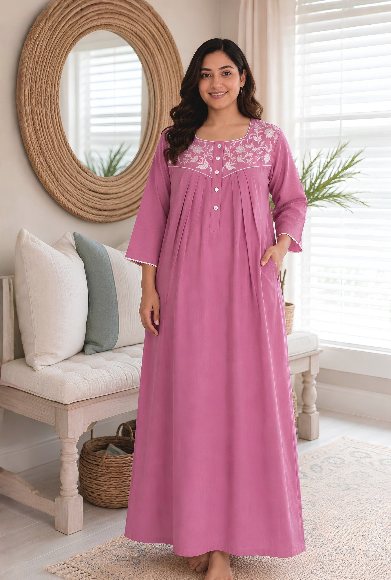 Pink Blossom Floral Embroidery Yoke Cotton Night Gown