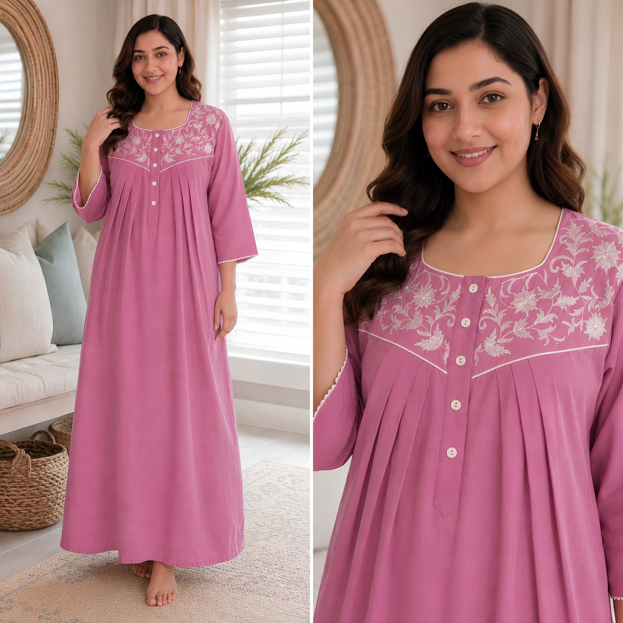 Pink Blossom Floral Embroidery Yoke Cotton Night Gown