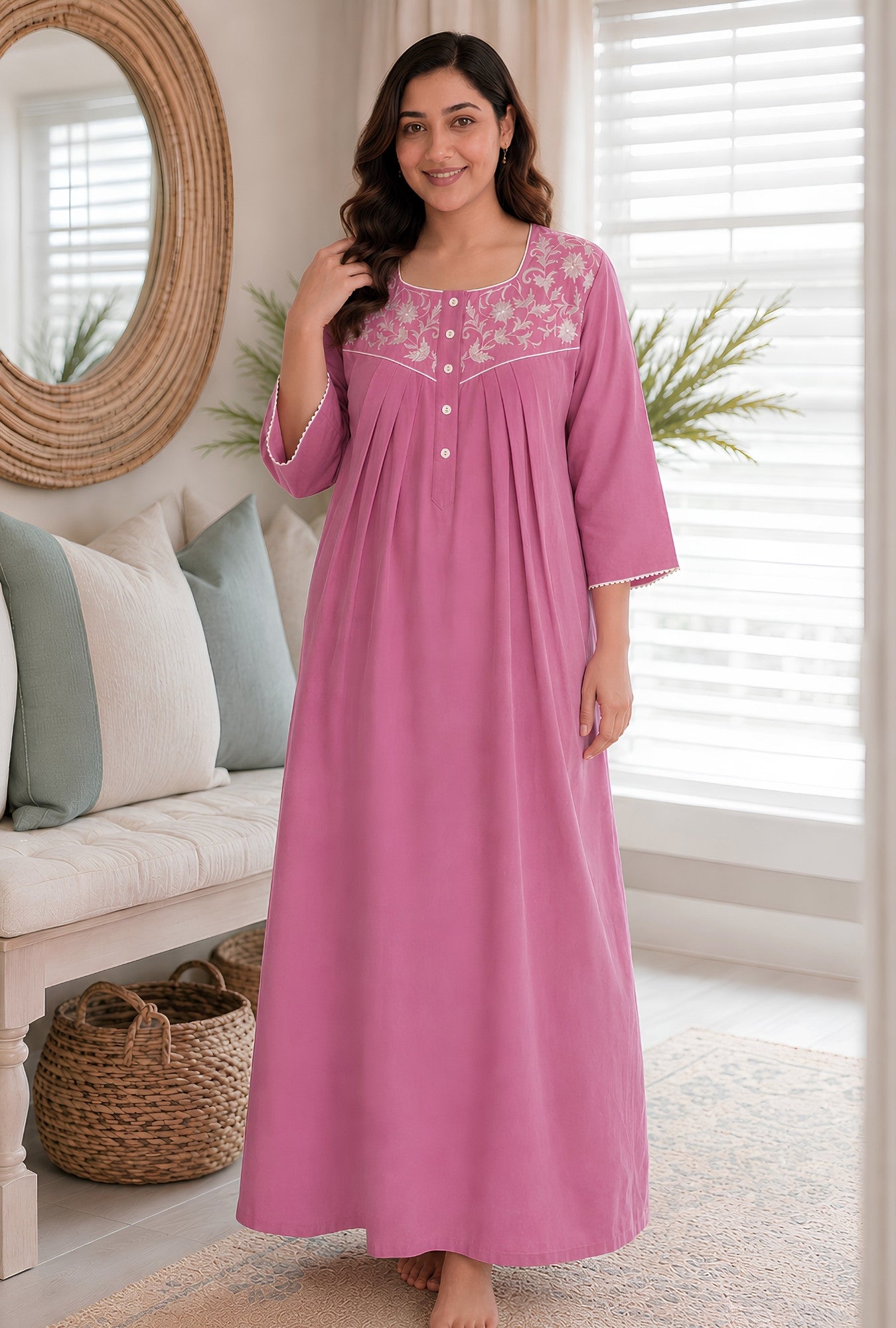 Pink Blossom Floral Embroidery Yoke Cotton Night Gown
