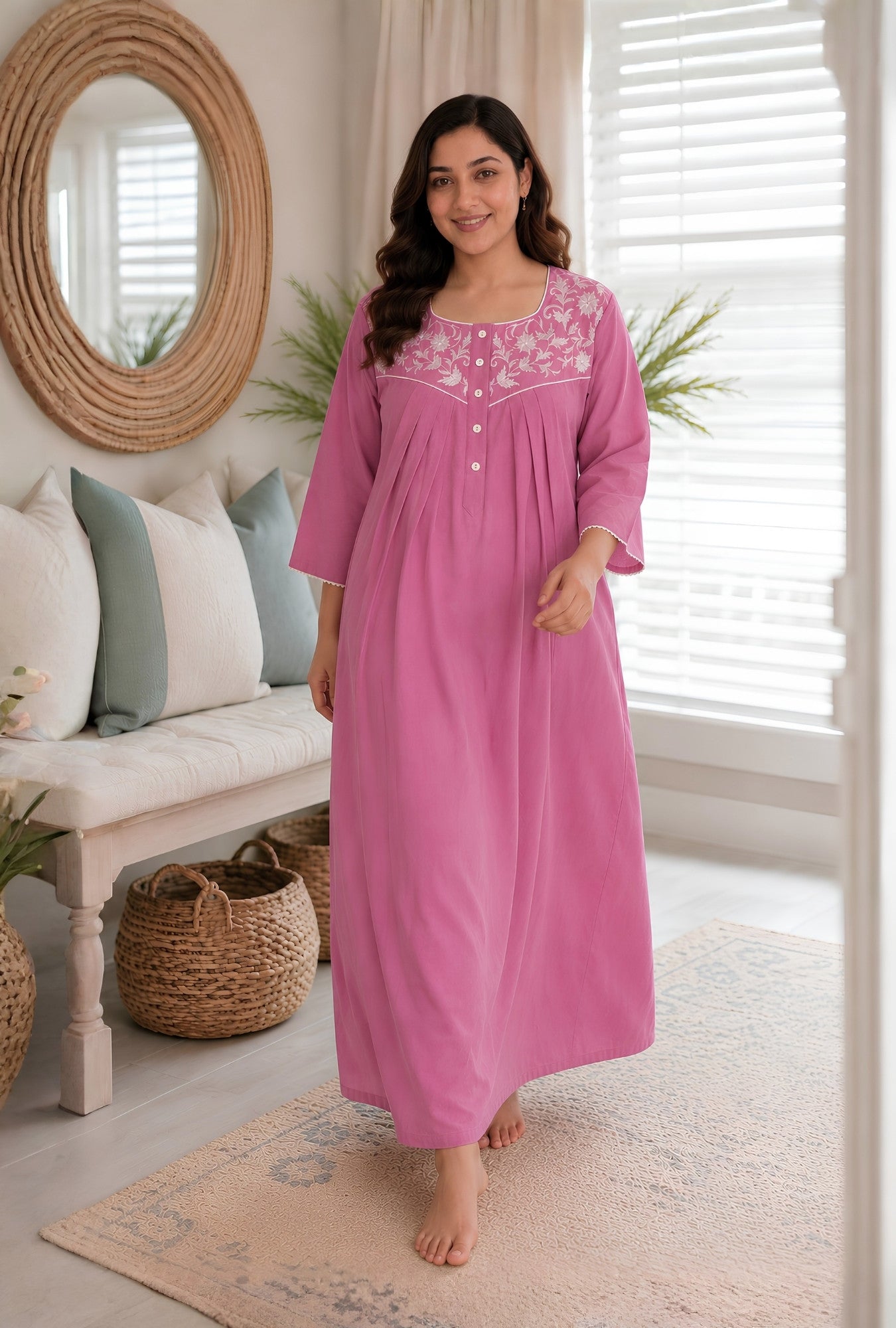 Pink Blossom Floral Embroidery Yoke Cotton Night Gown