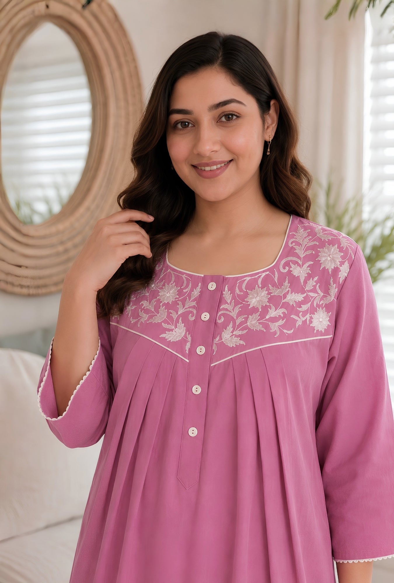 Pink Blossom Floral Embroidery Yoke Cotton Night Gown