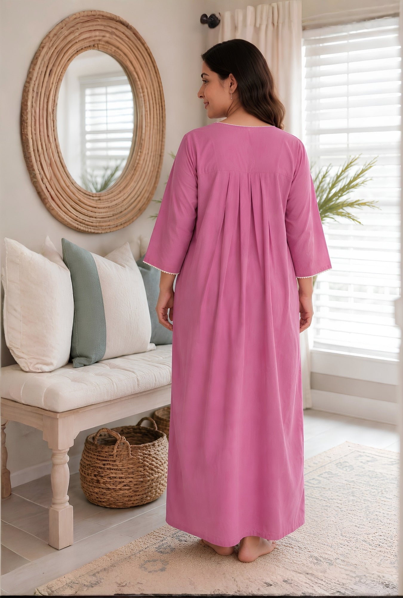 Pink Blossom Floral Embroidery Yoke Cotton Night Gown