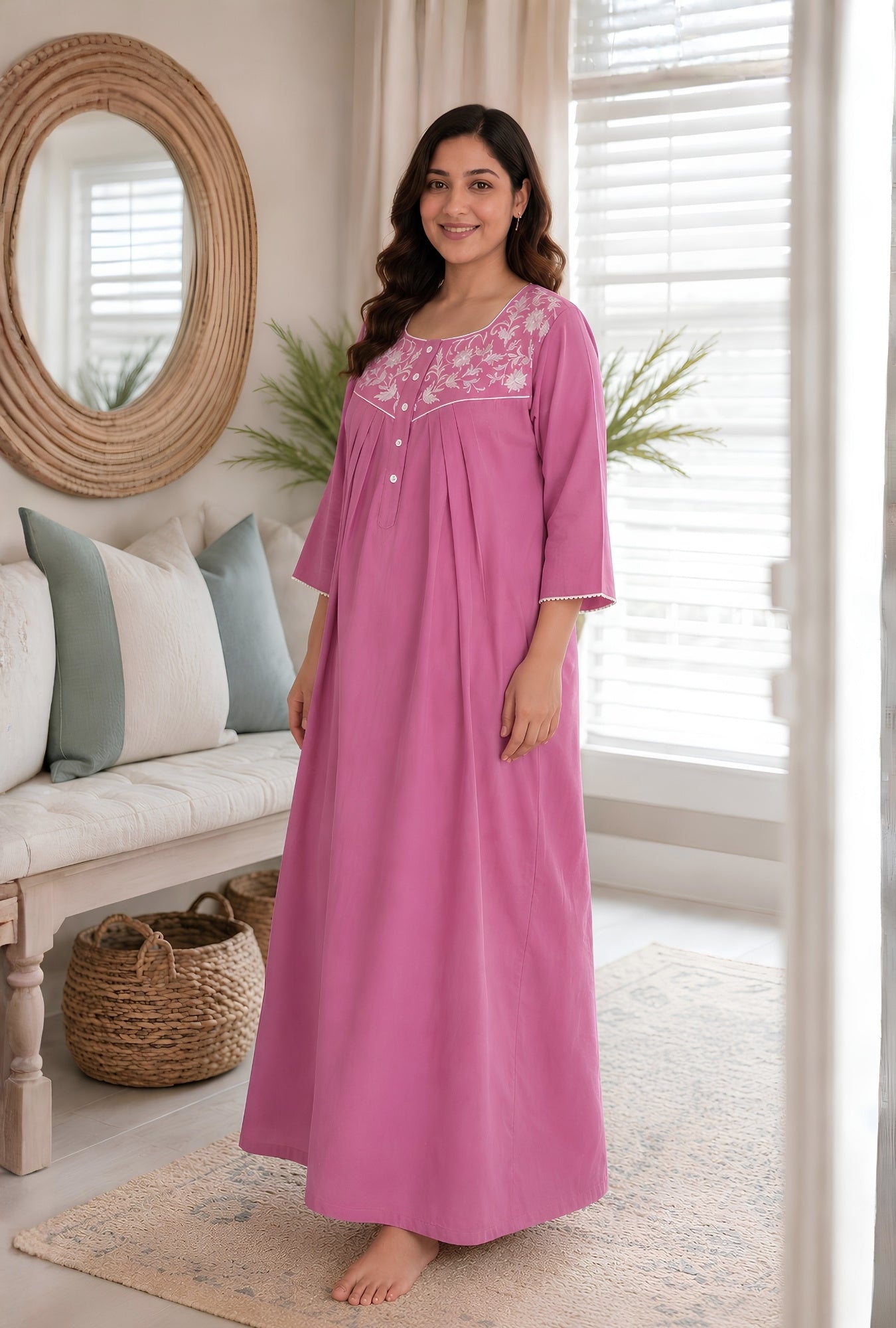 Pink Blossom Floral Embroidery Yoke Cotton Night Gown