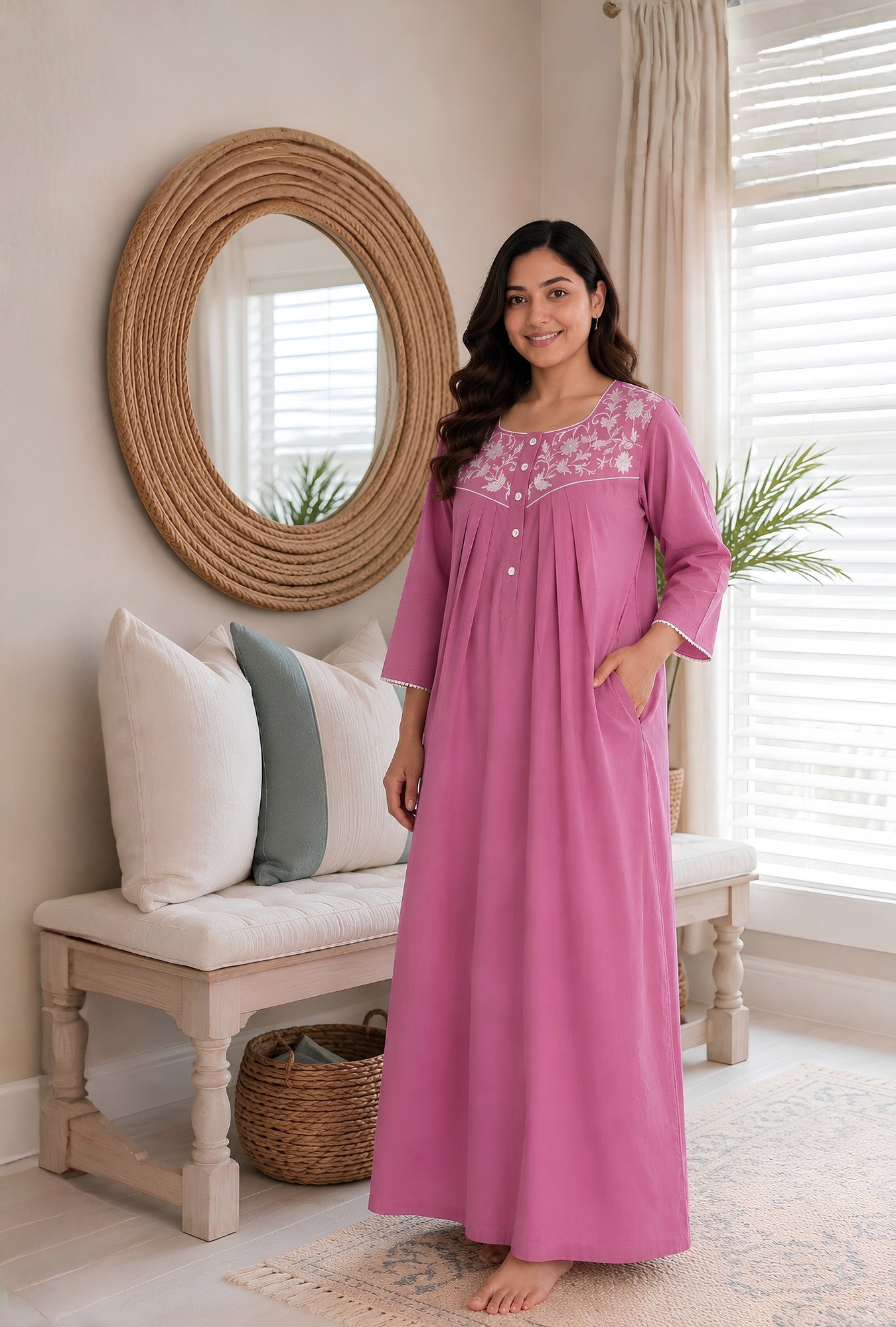 Pink Blossom Floral Embroidery Yoke Cotton Night Gown