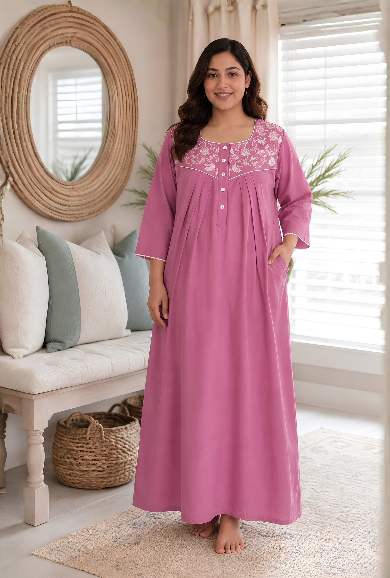 Pink Blossom Floral Embroidery Yoke Cotton Night Gown