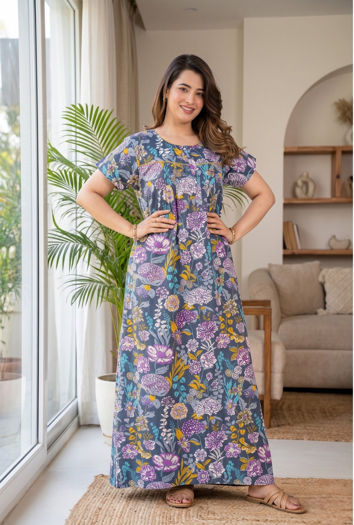 Aqua Flora Grey Cotton Printed Nightwear Gowns