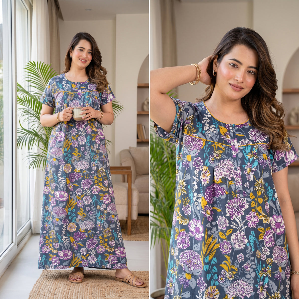 Aqua Flora Grey Cotton Printed Nightwear Gowns
