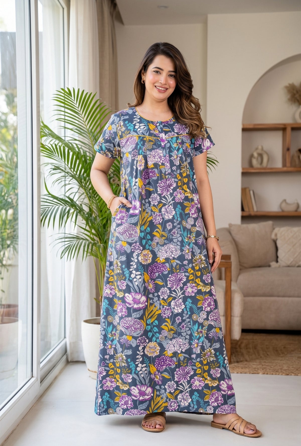 Aqua Flora Grey Cotton Printed Nightwear Gowns
