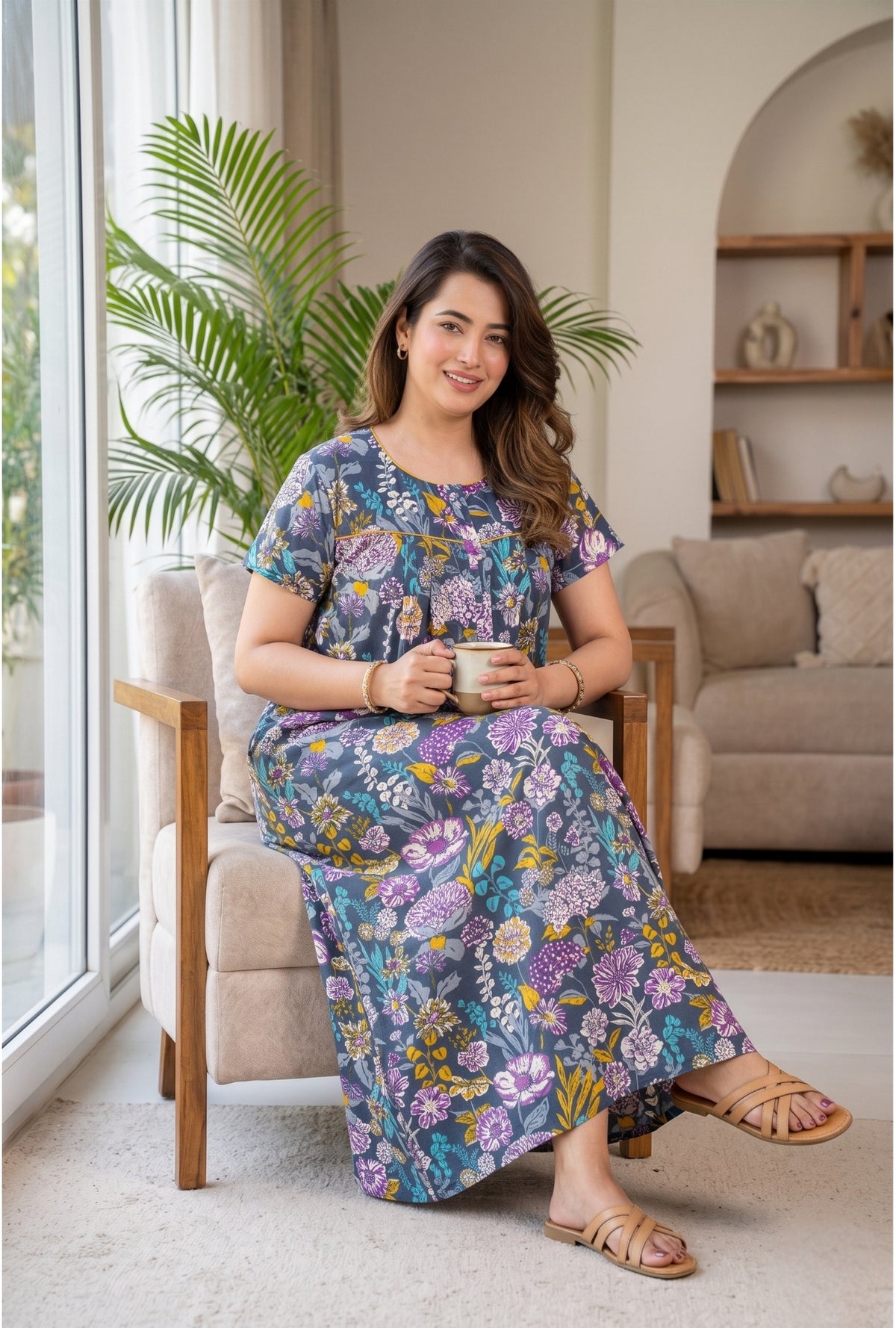 Aqua Flora Grey Cotton Printed Nightwear Gowns