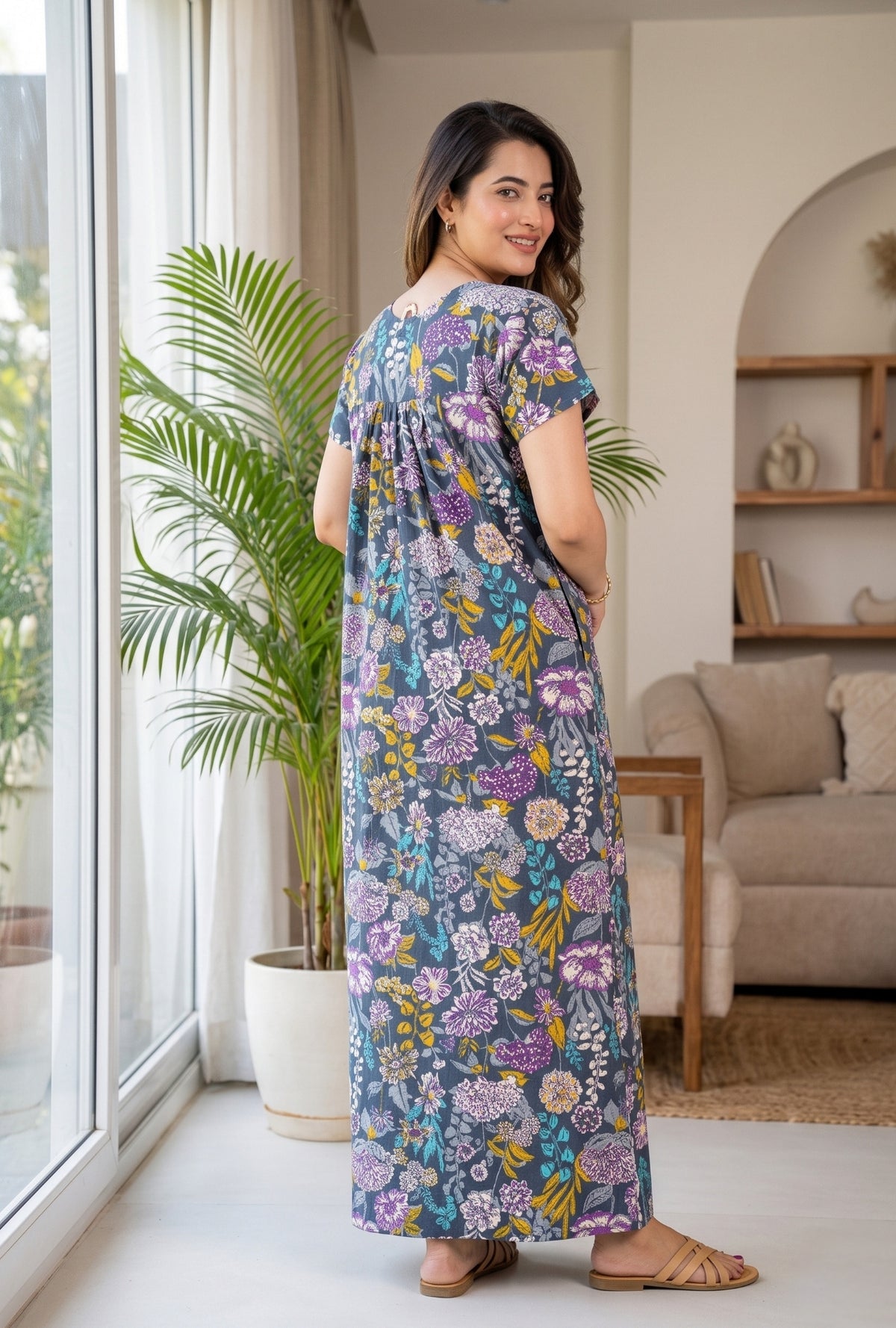 Aqua Flora Grey Cotton Printed Nightwear Gowns