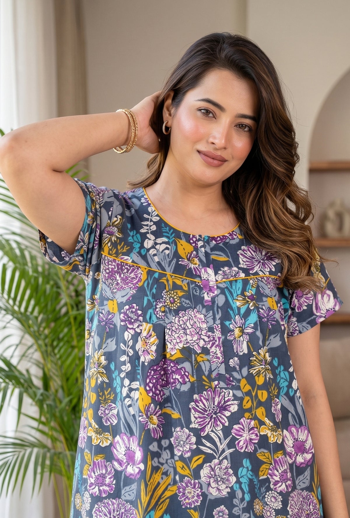 Aqua Flora Grey Cotton Printed Nightwear Gowns