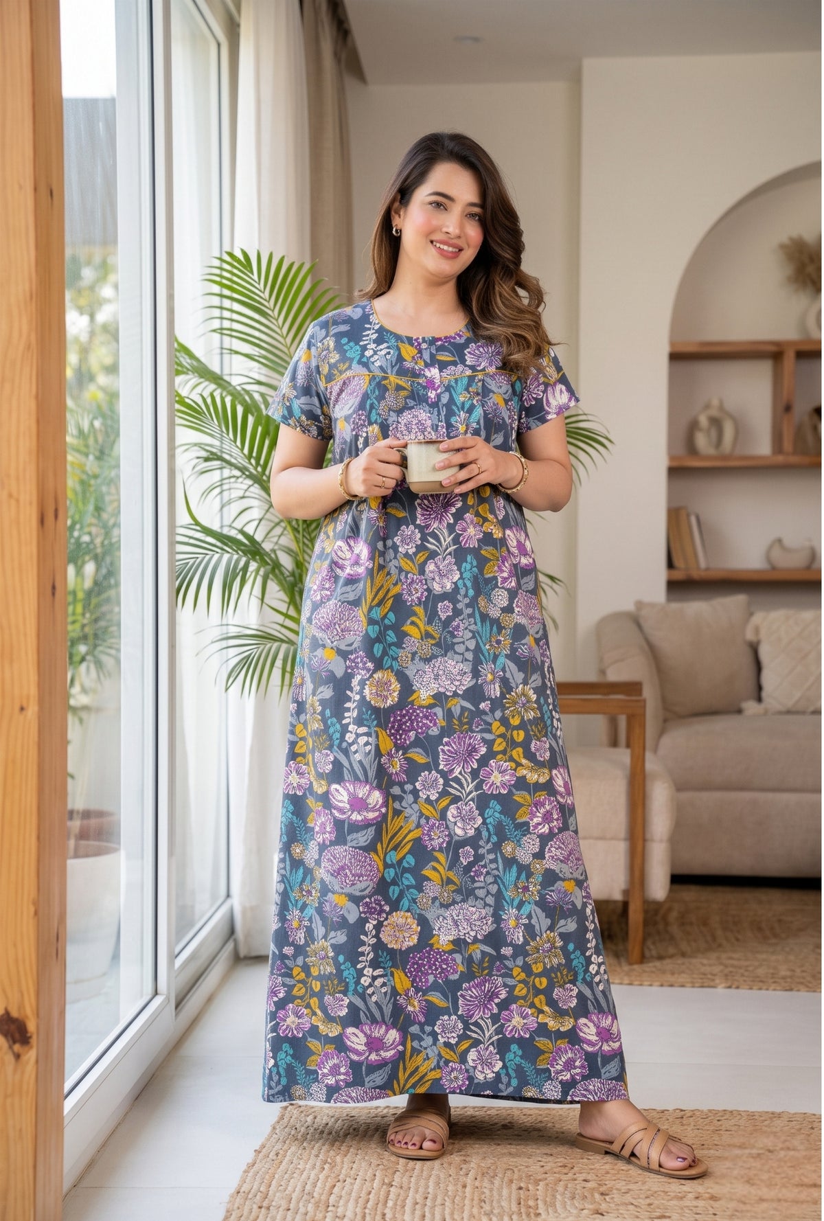 Aqua Flora Grey Cotton Printed Nightwear Gowns