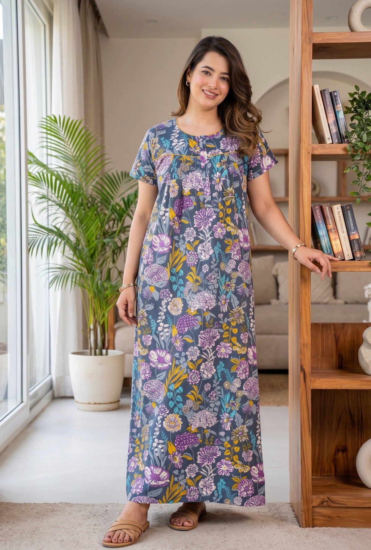 Aqua Flora Grey Cotton Printed Nightwear Gowns