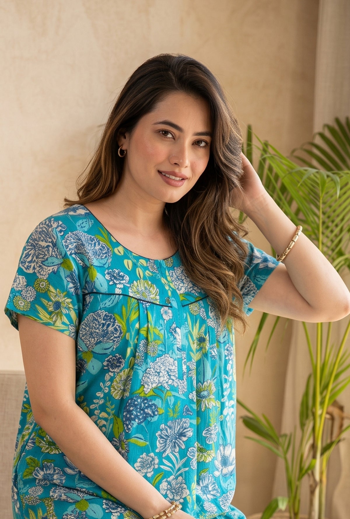 Aqua Flora Sea Green Cotton Printed Nightwear Gowns