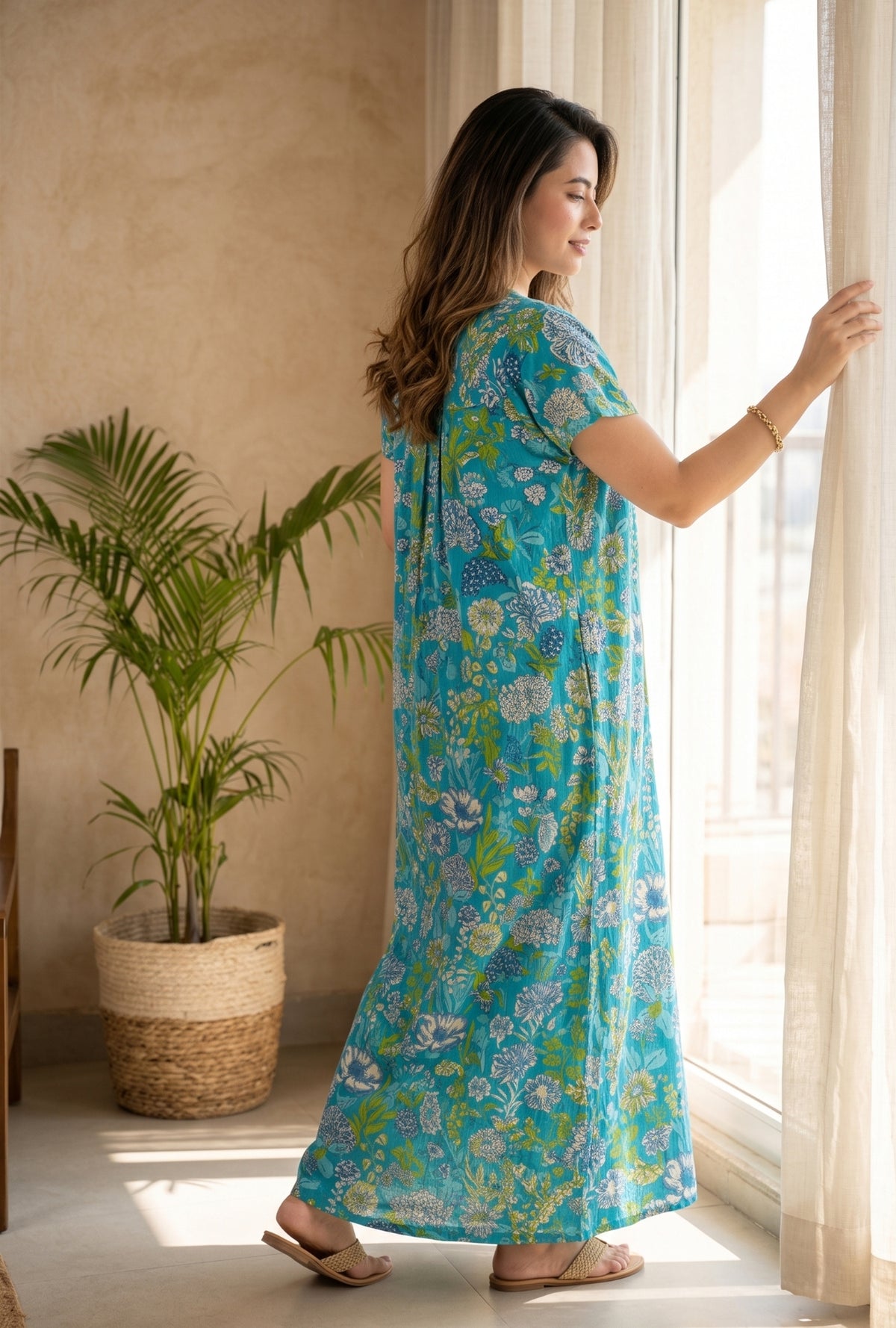 Aqua Flora Sea Green Cotton Printed Nightwear Gowns