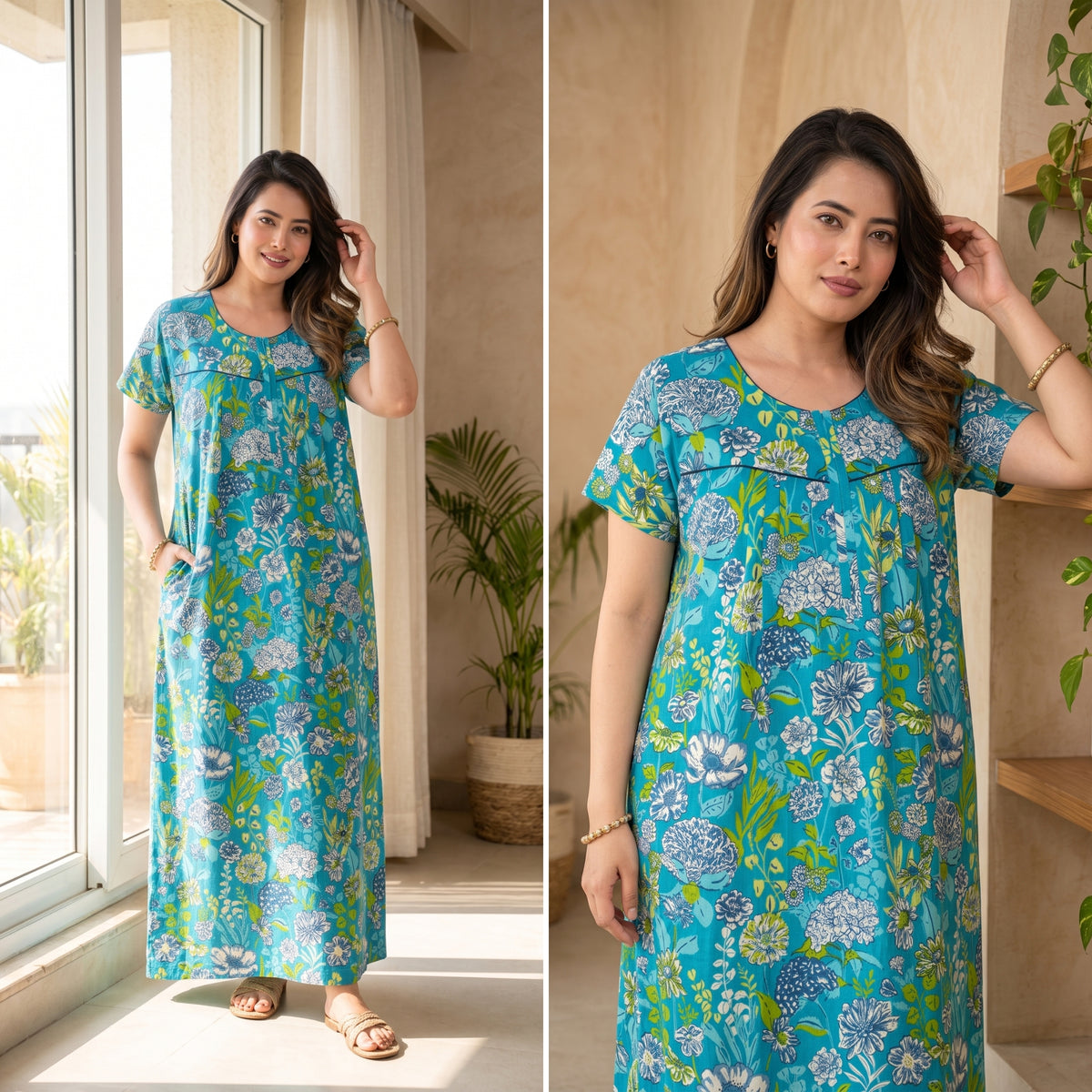 Aqua Flora Sea Green Cotton Printed Nightwear Gowns