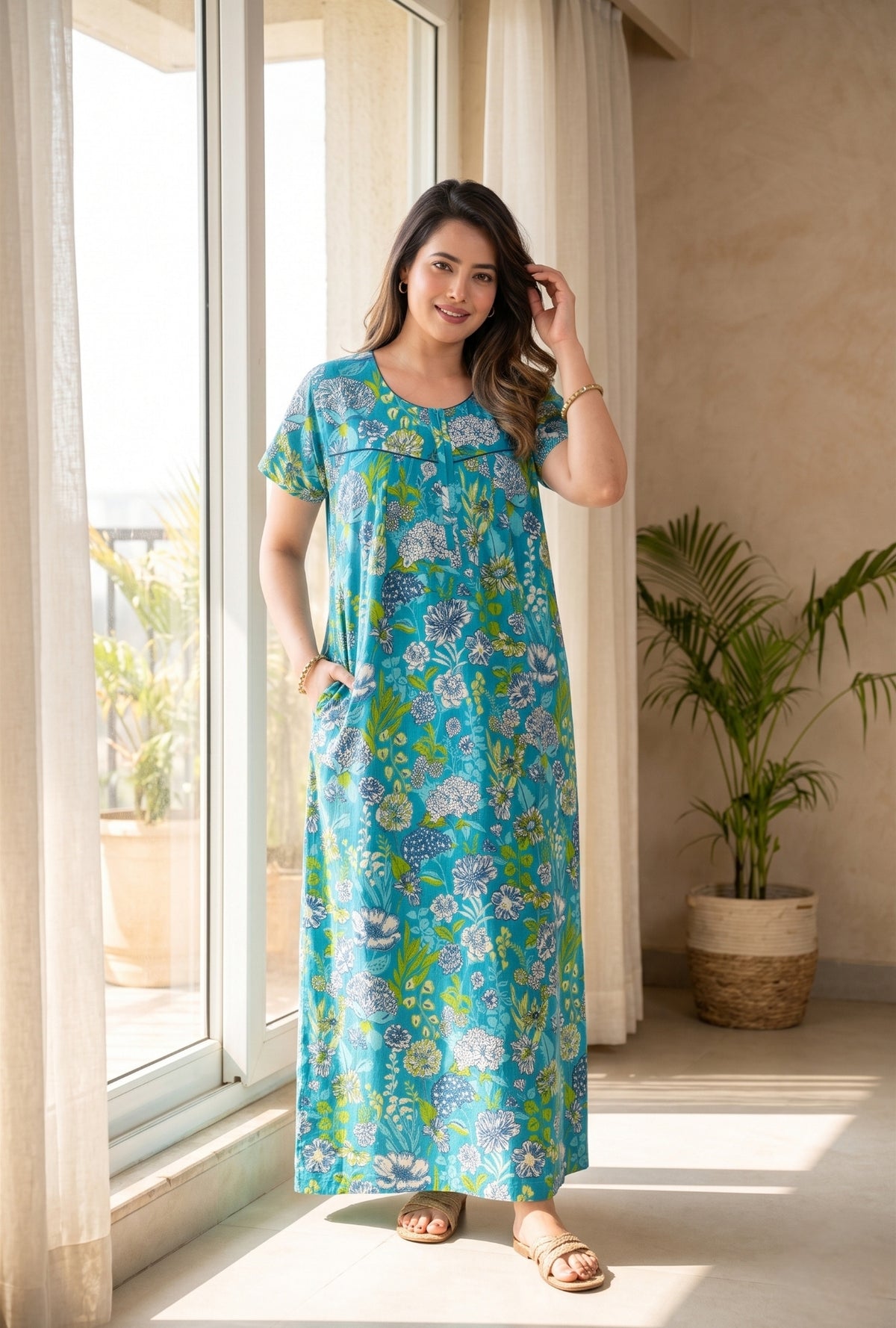 Aqua Flora Sea Green Cotton Printed Nightwear Gowns