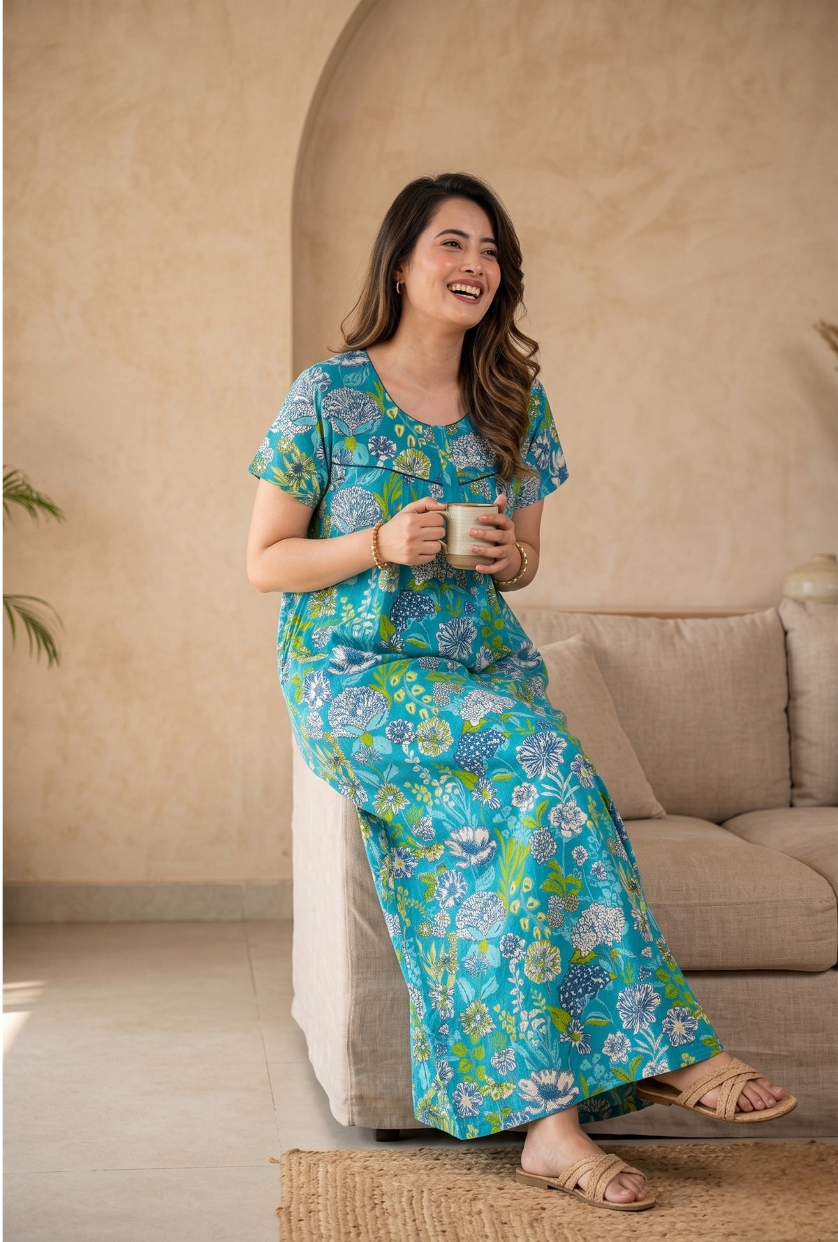 Aqua Flora Sea Green Cotton Printed Nightwear Gowns