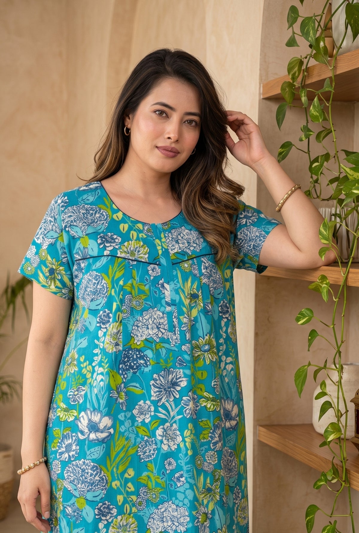 Aqua Flora Sea Green Cotton Printed Nightwear Gowns