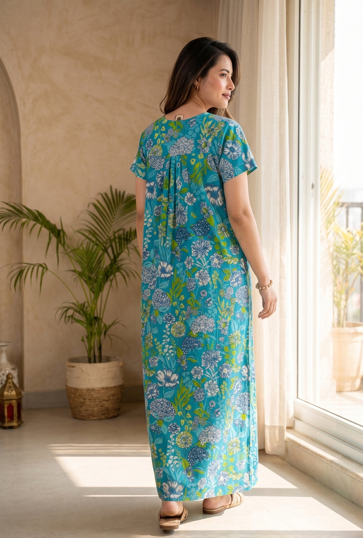 Aqua Flora Sea Green Cotton Printed Nightwear Gowns