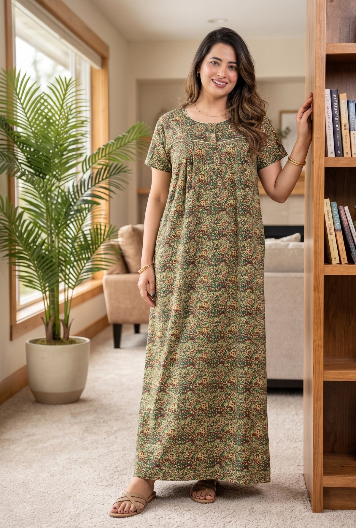 Bagru Paisley Green Cotton Printed Nightwear Gowns