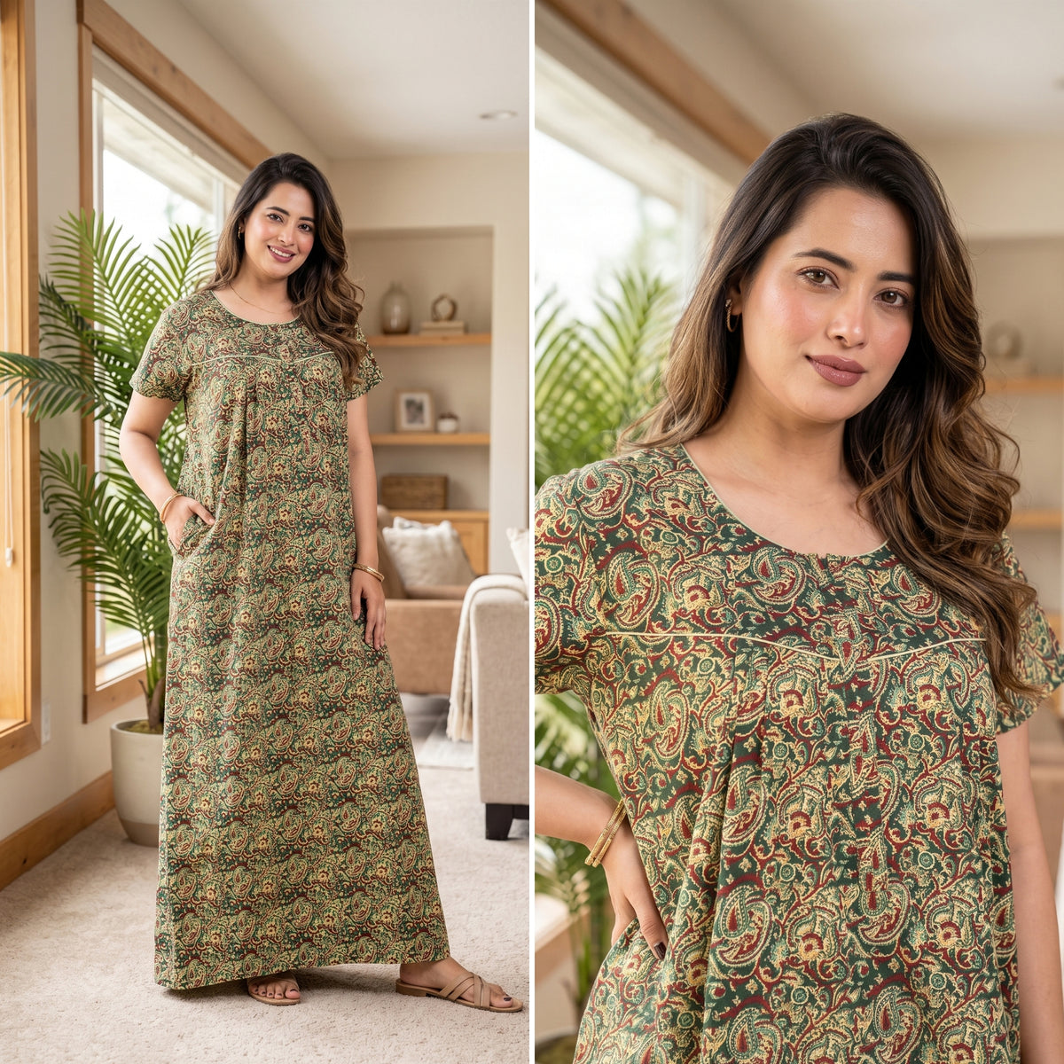 Bagru Paisley Green Cotton Printed Nightwear Gowns