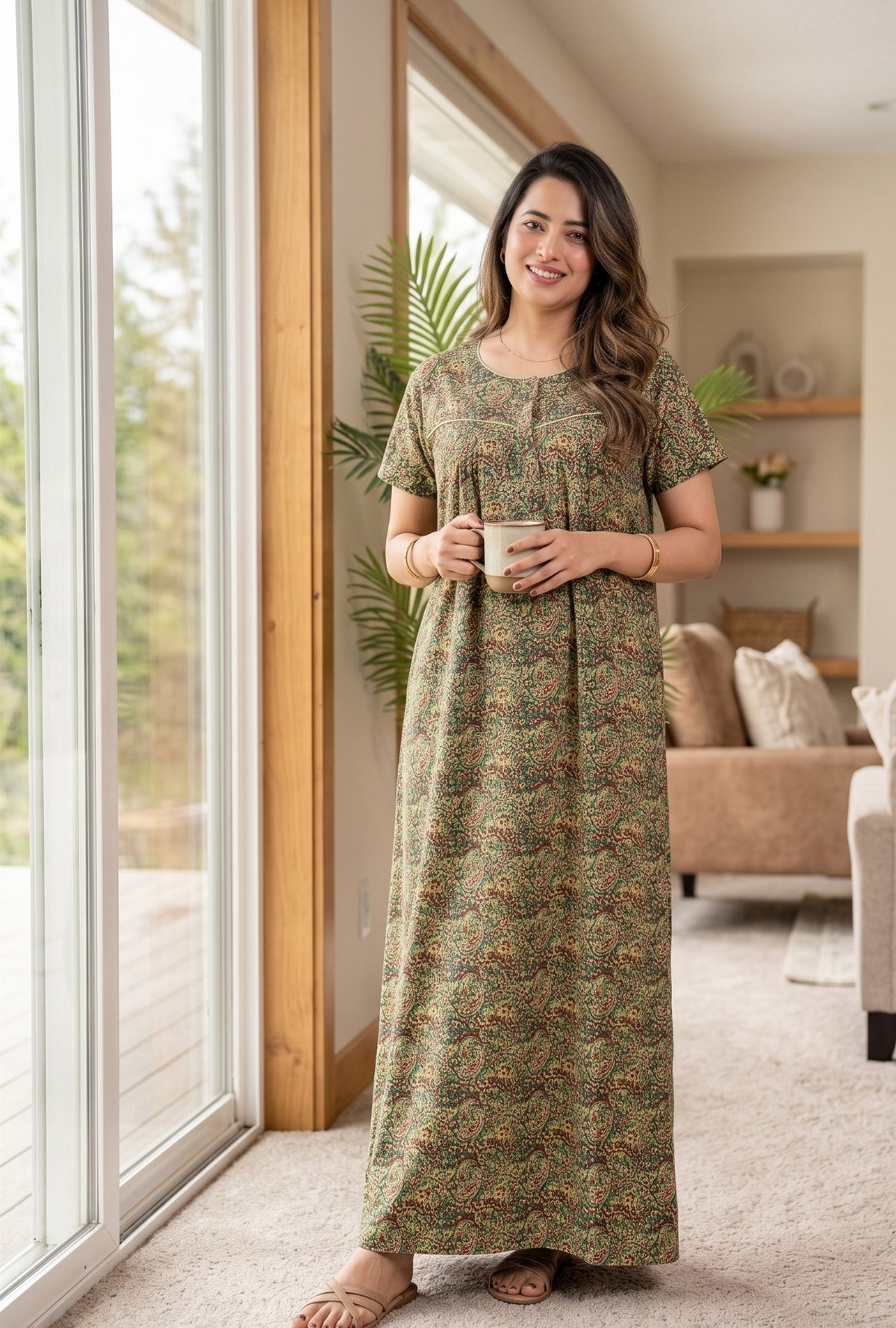 Bagru Paisley Green Cotton Printed Nightwear Gowns