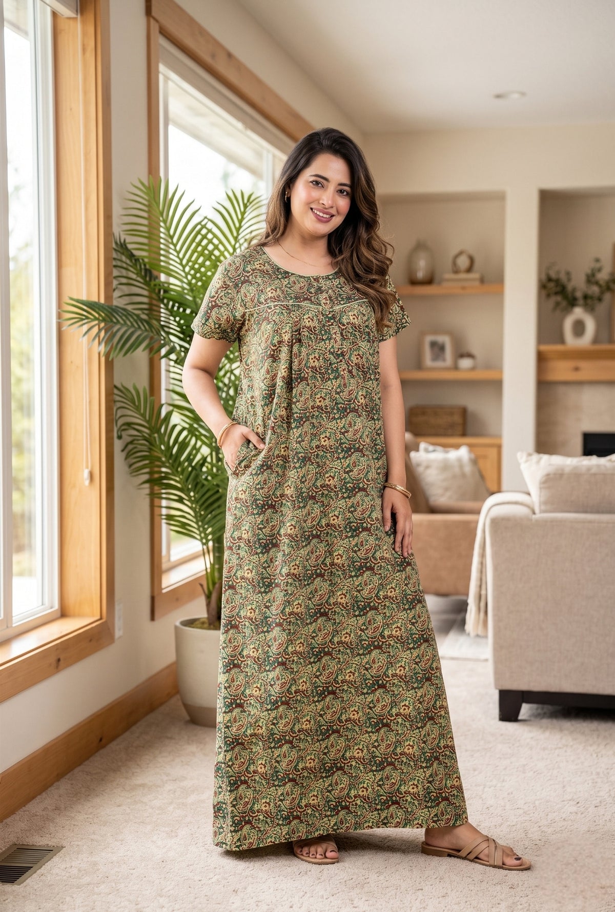 Bagru Paisley Green Cotton Printed Nightwear Gowns