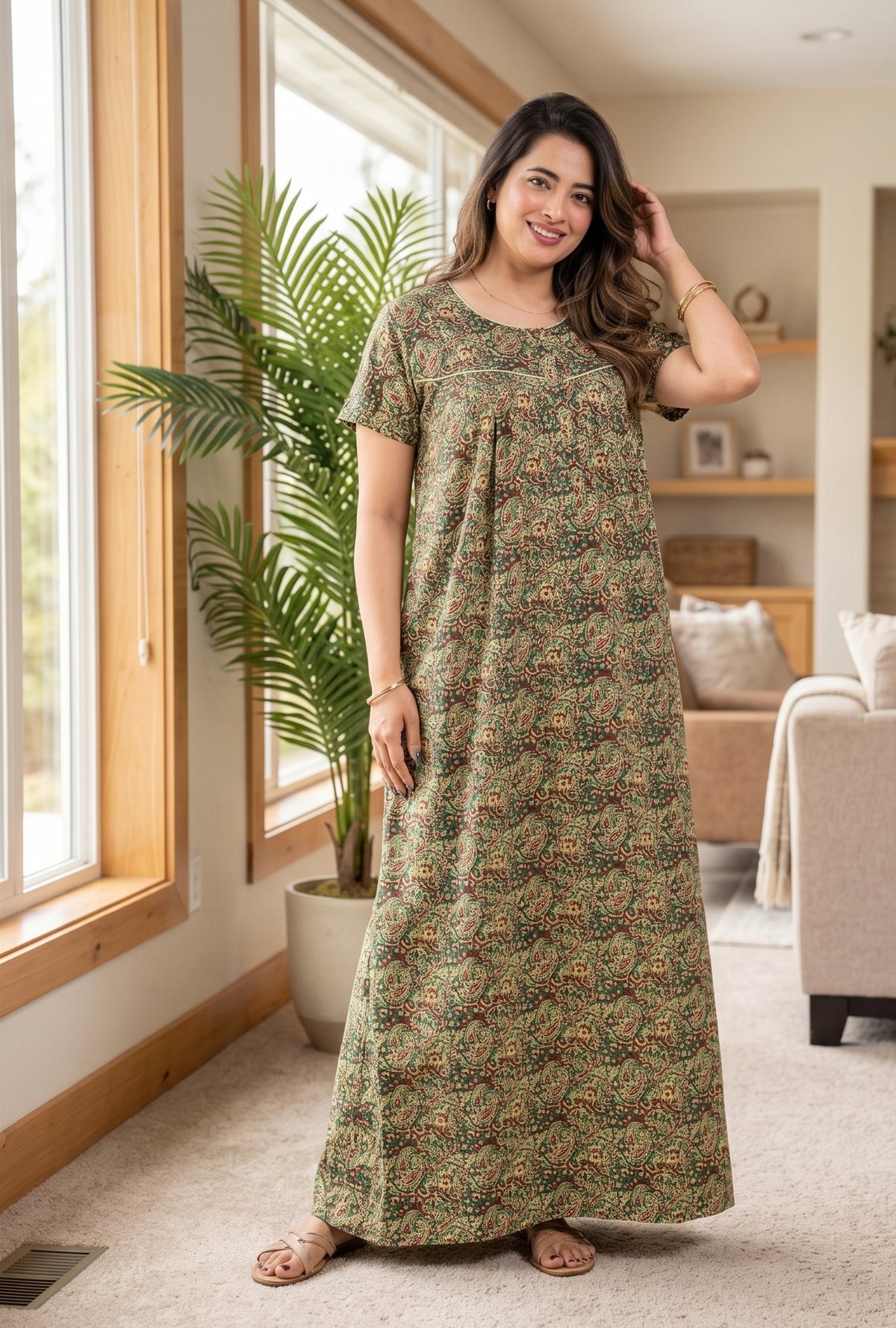Bagru Paisley Green Cotton Printed Nightwear Gowns