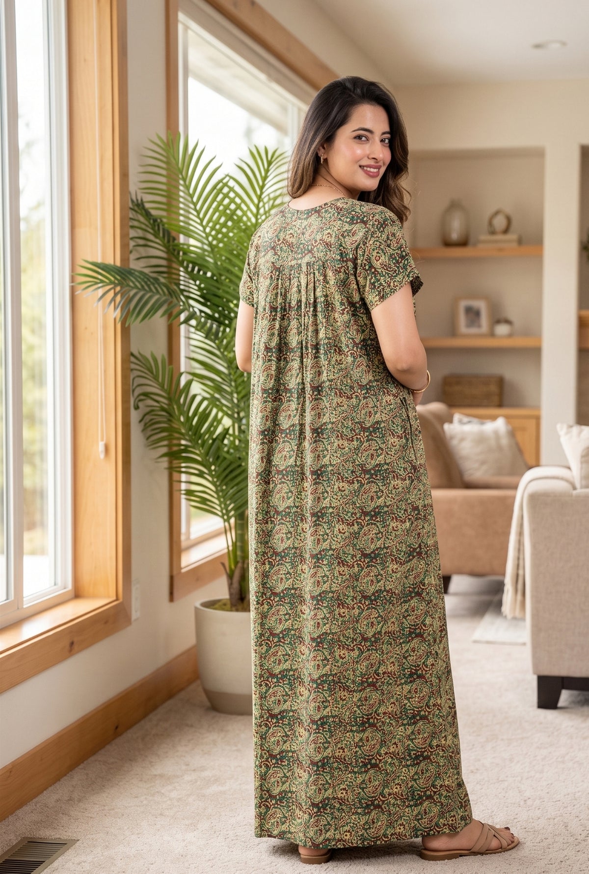 Bagru Paisley Green Cotton Printed Nightwear Gowns