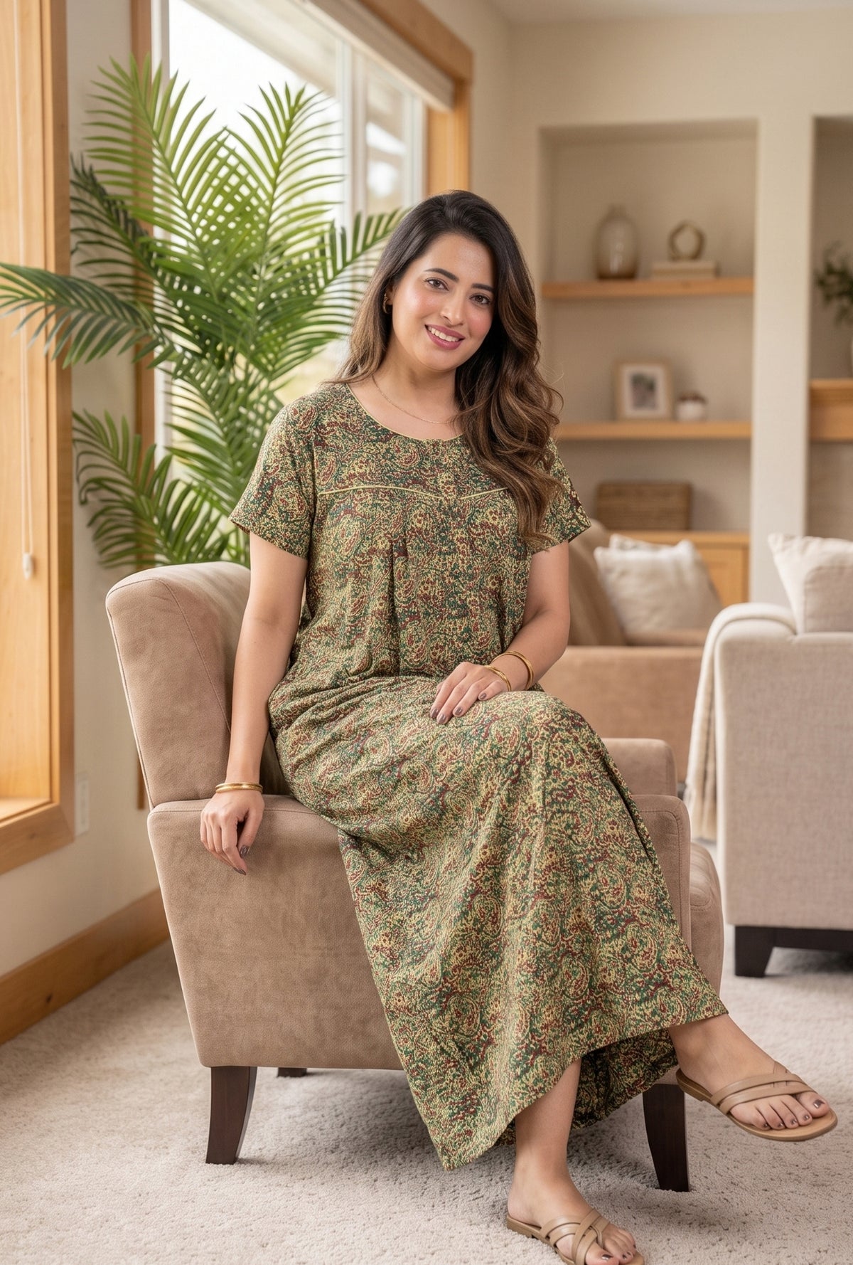 Bagru Paisley Green Cotton Printed Nightwear Gowns