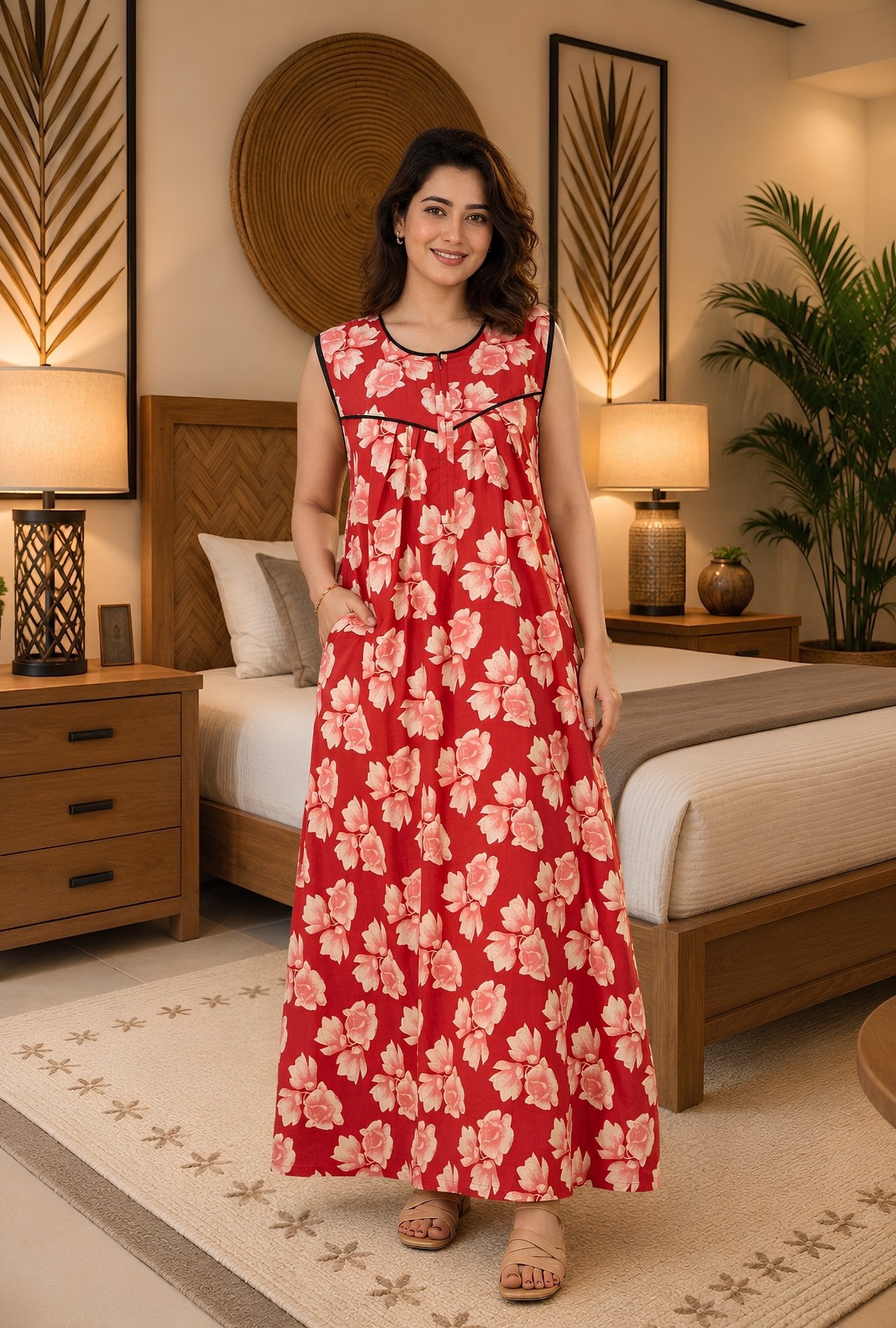 Coral Blossom Sleeveless Cotton Night Gown