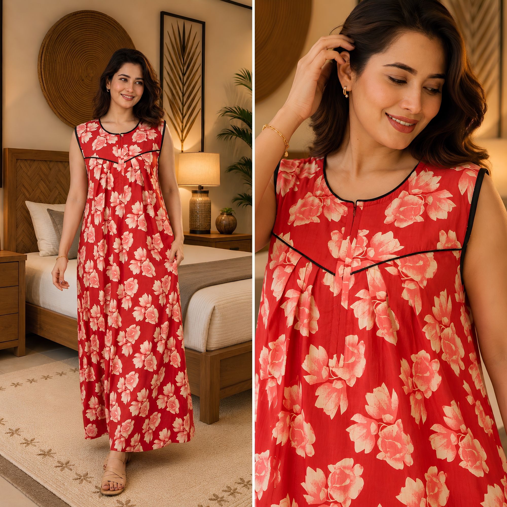 Coral Blossom Sleeveless Cotton Night Gown
