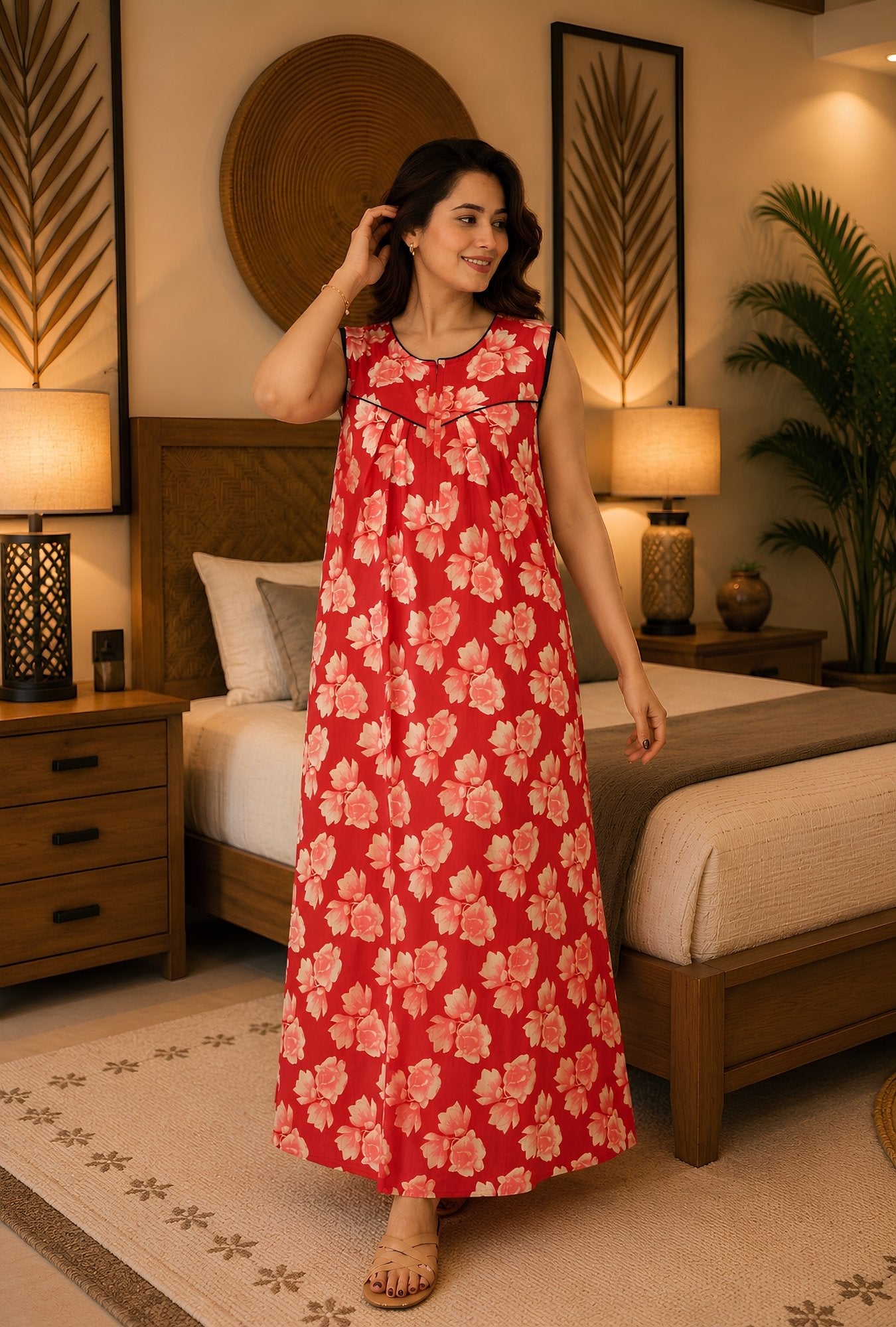 Coral Blossom Sleeveless Cotton Night Gown