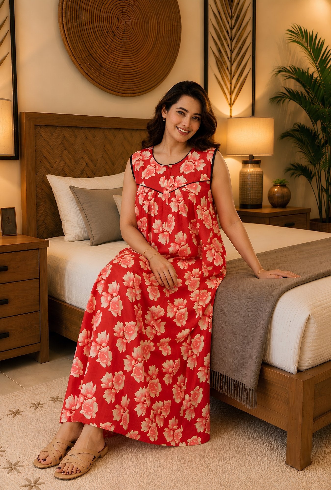 Coral Blossom Sleeveless Cotton Night Gown