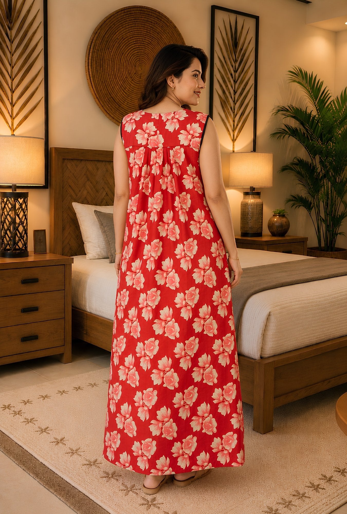 Coral Blossom Sleeveless Cotton Night Gown
