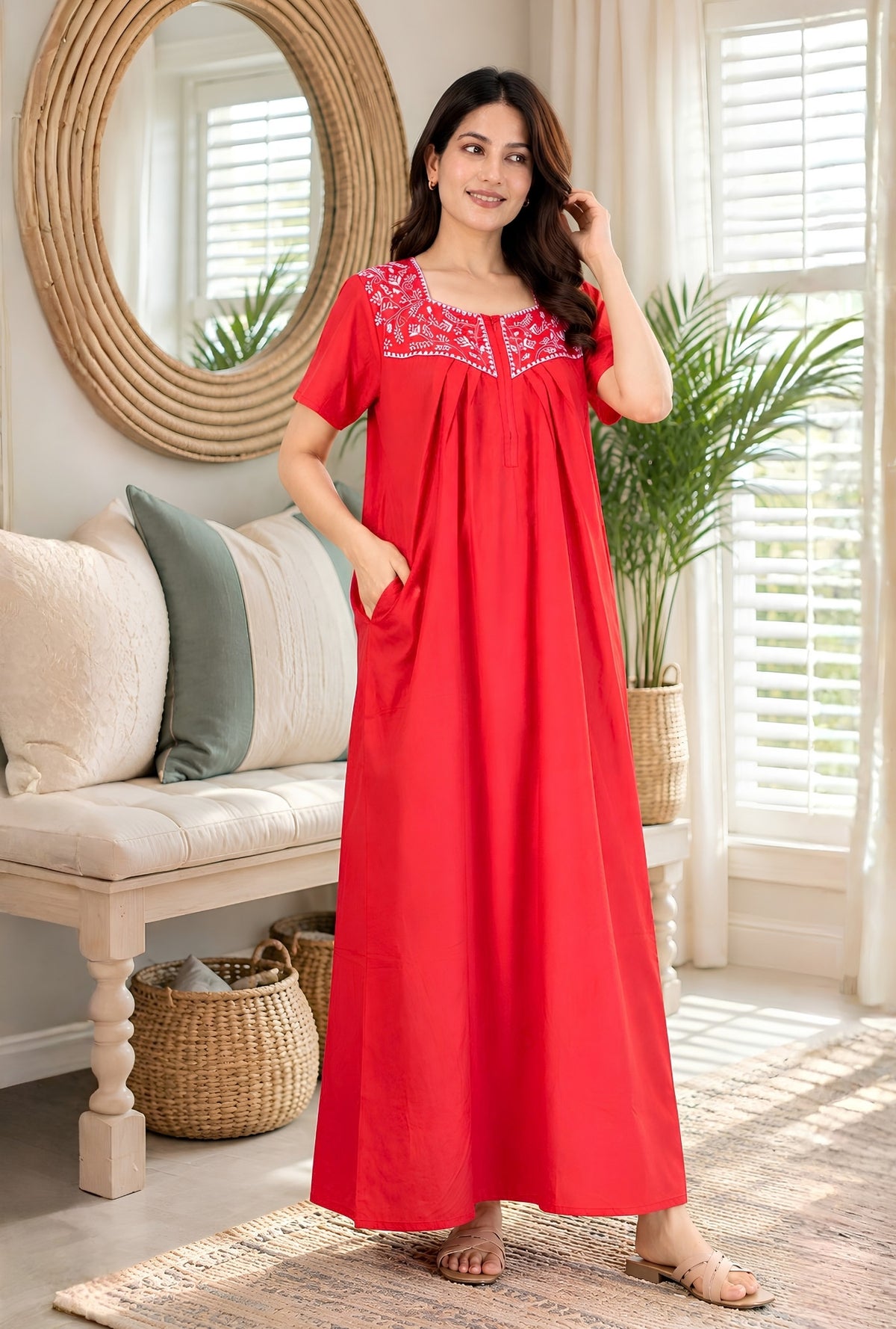 Crimson Bloom Red Embroidery Yoke Cotton Night Gown