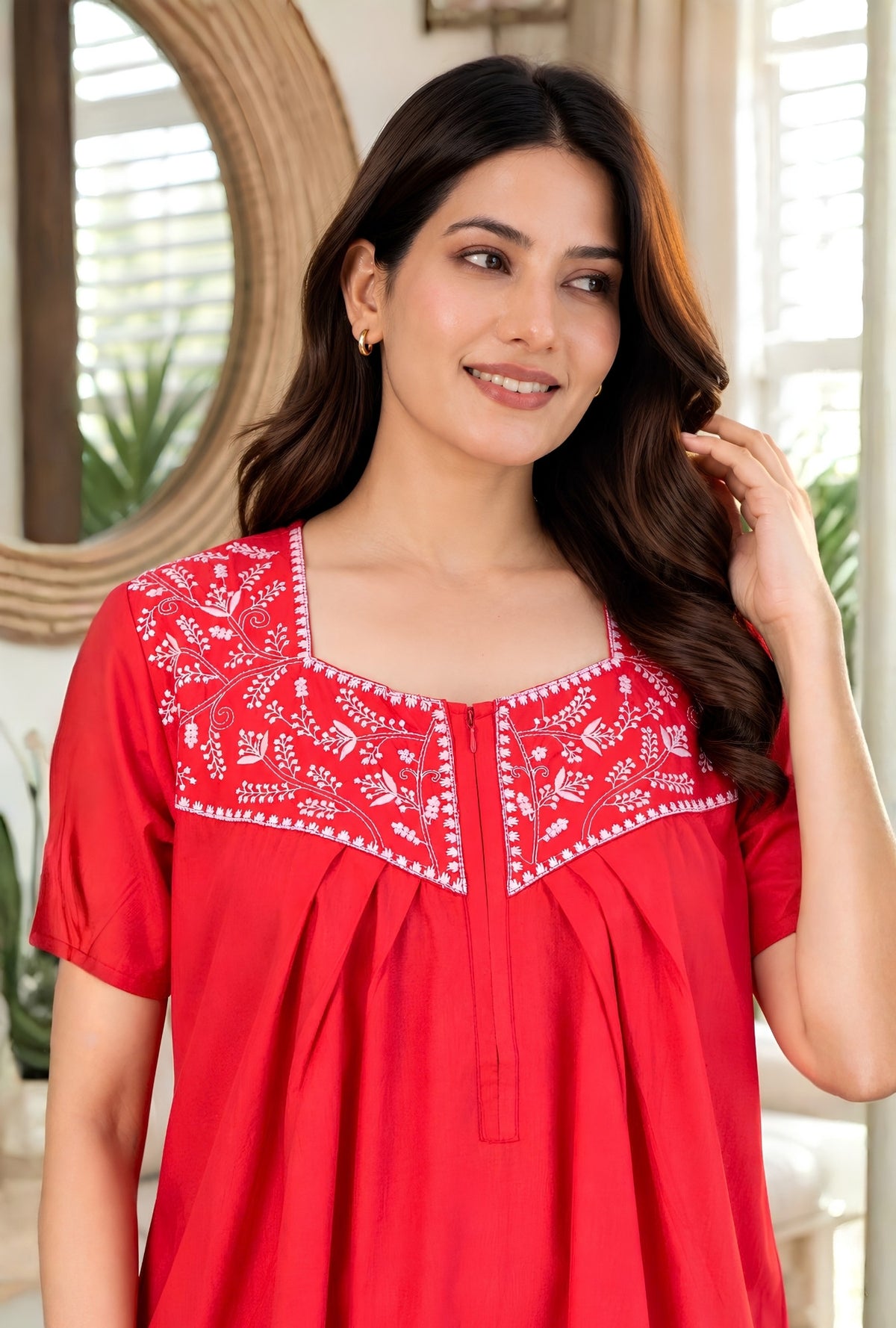 Crimson Bloom Red Embroidery Yoke Cotton Night Gown