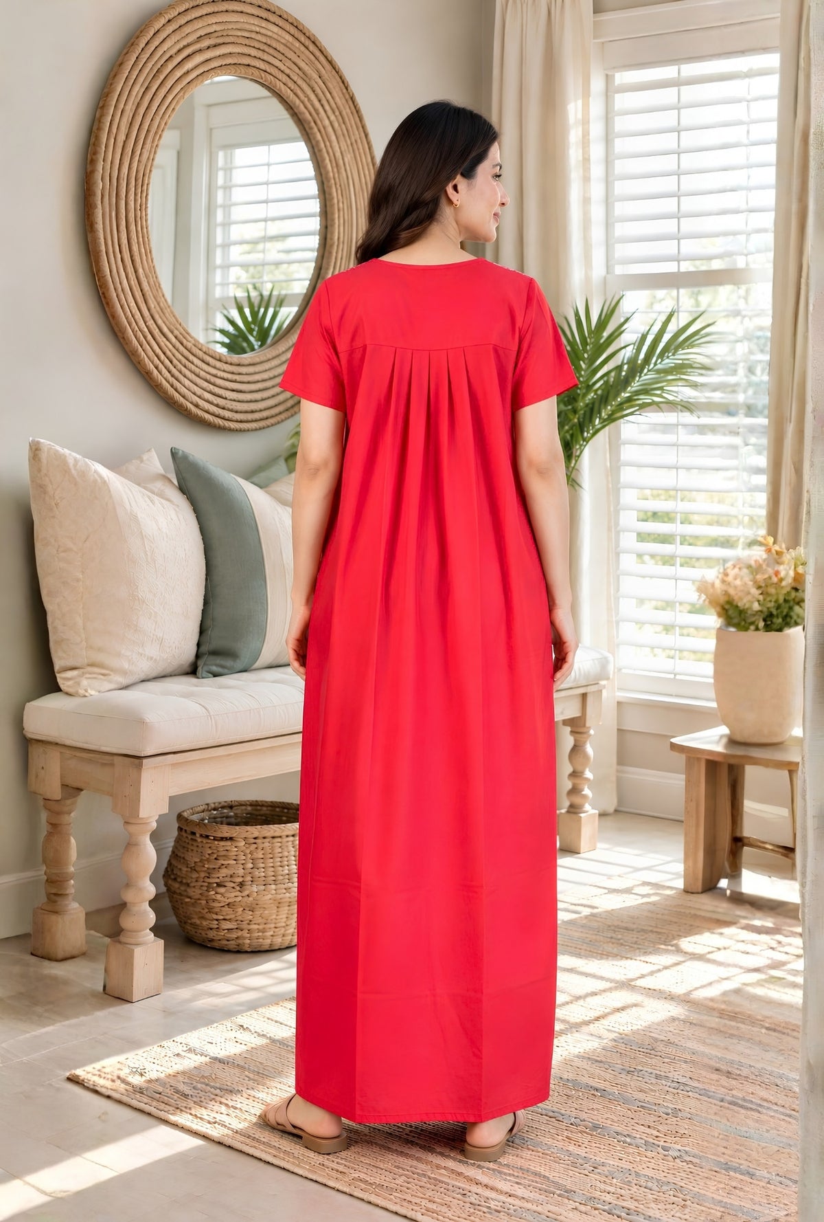 Crimson Bloom Red Embroidery Yoke Cotton Night Gown