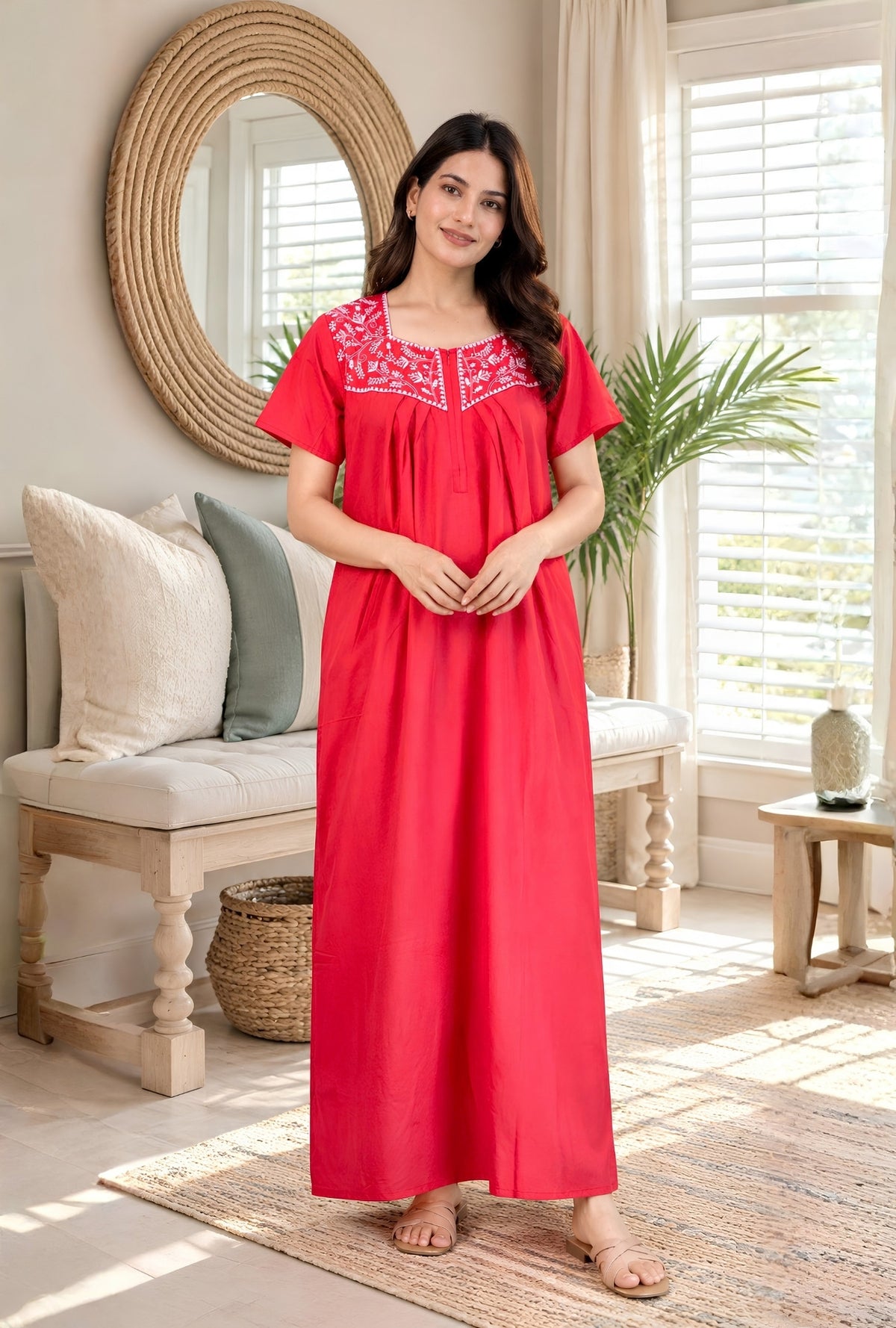 Crimson Bloom Red Embroidery Yoke Cotton Night Gown