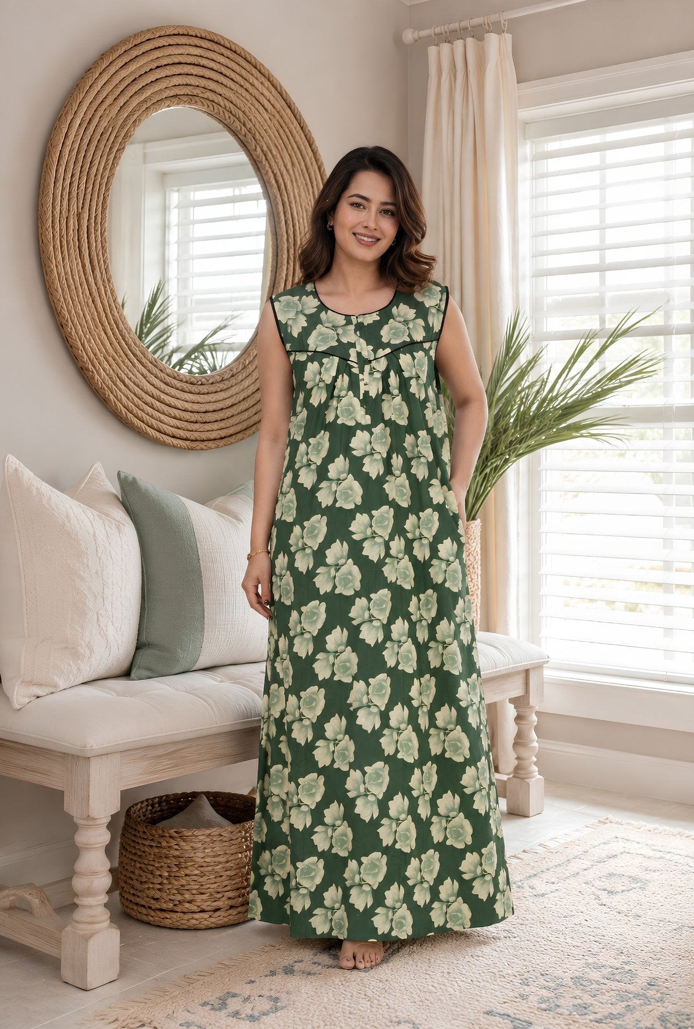 Evergreen Bloom Sleeveless Cotton Night Gown