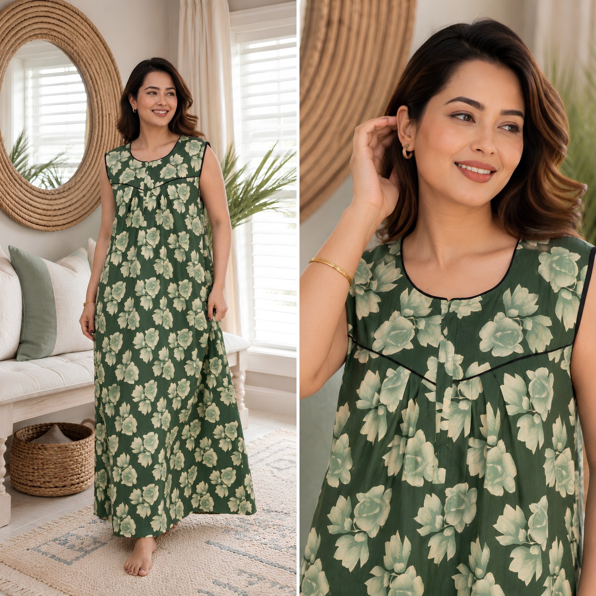 Evergreen Bloom Sleeveless Cotton Night Gown
