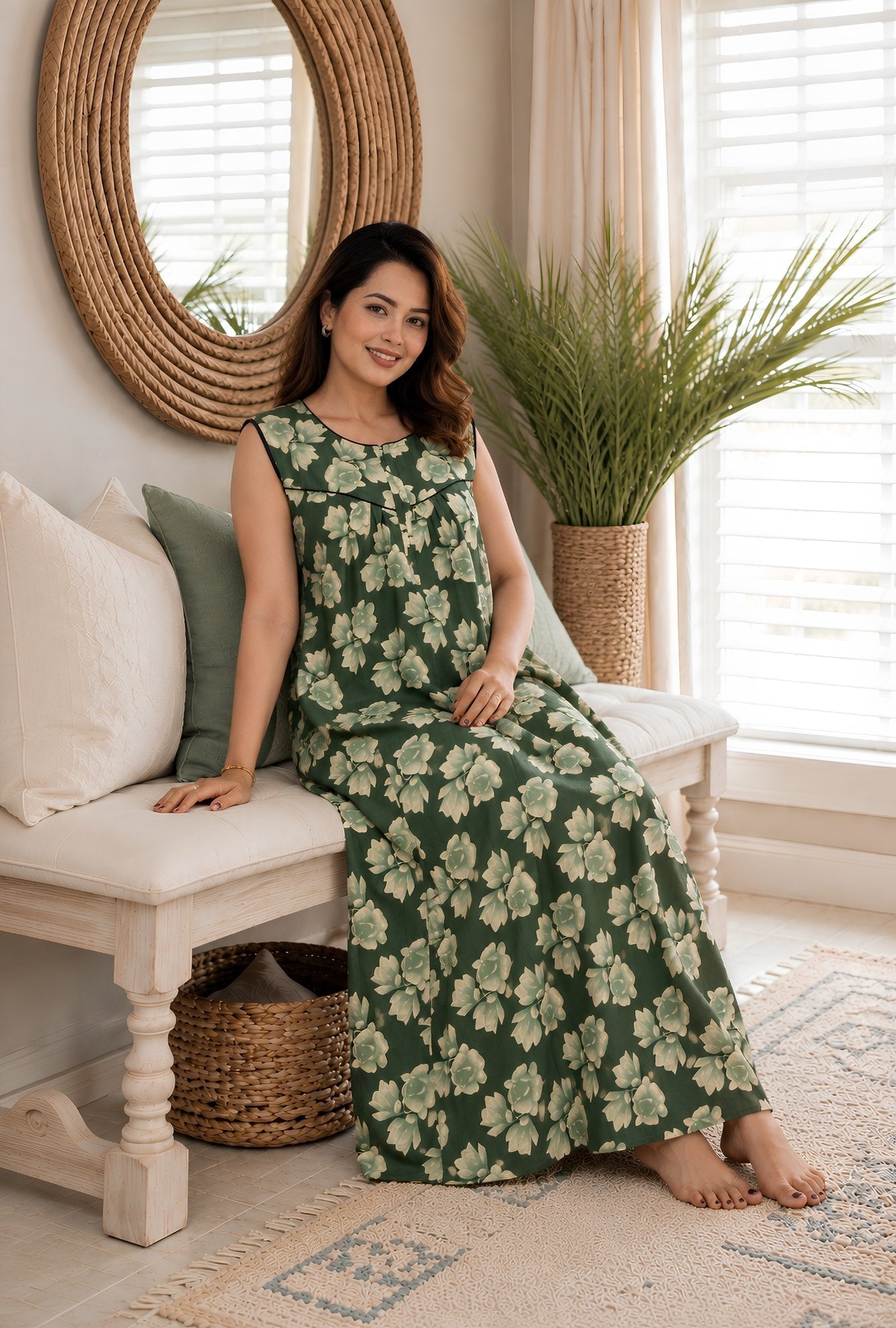 Evergreen Bloom Sleeveless Cotton Night Gown