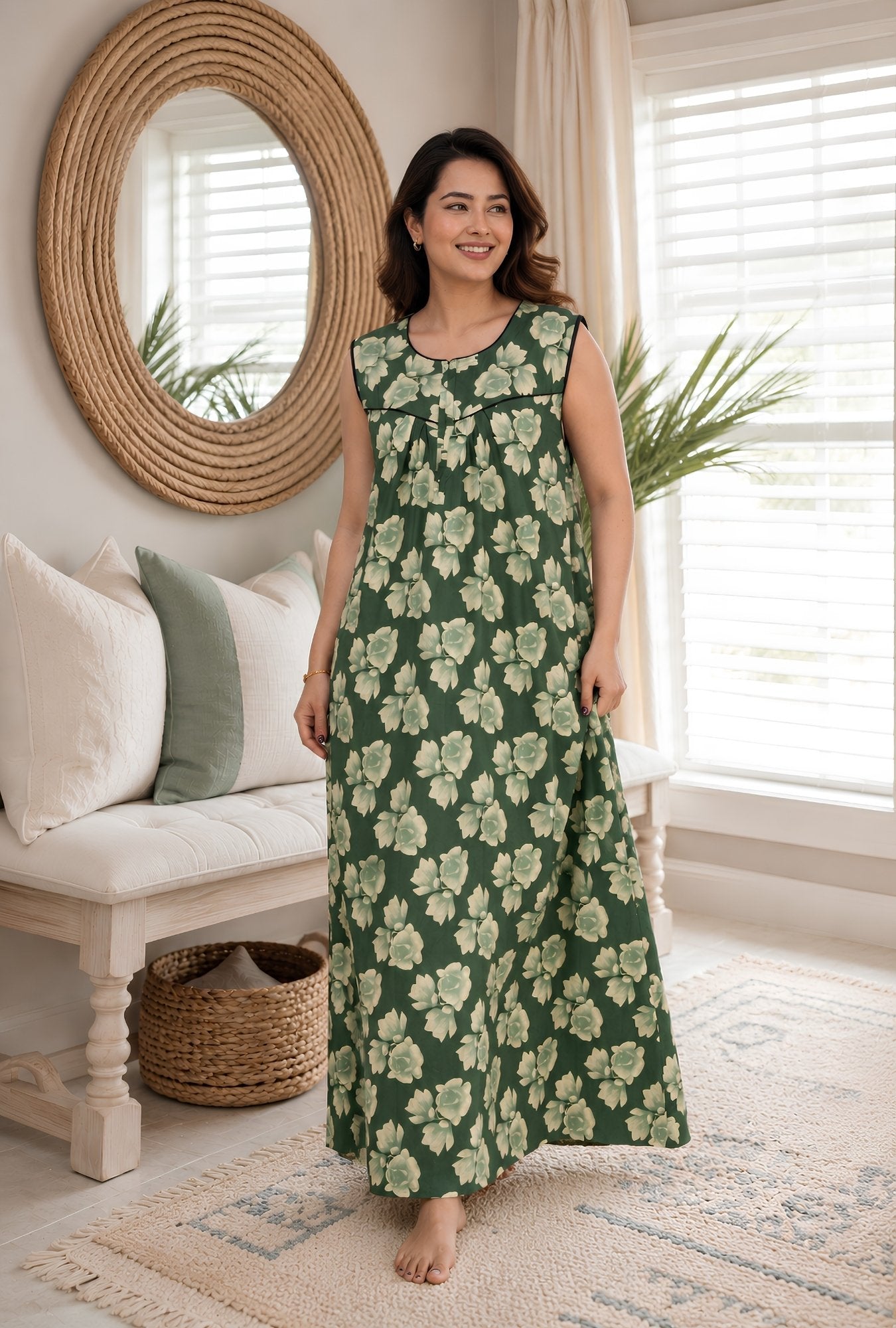 Evergreen Bloom Sleeveless Cotton Night Gown