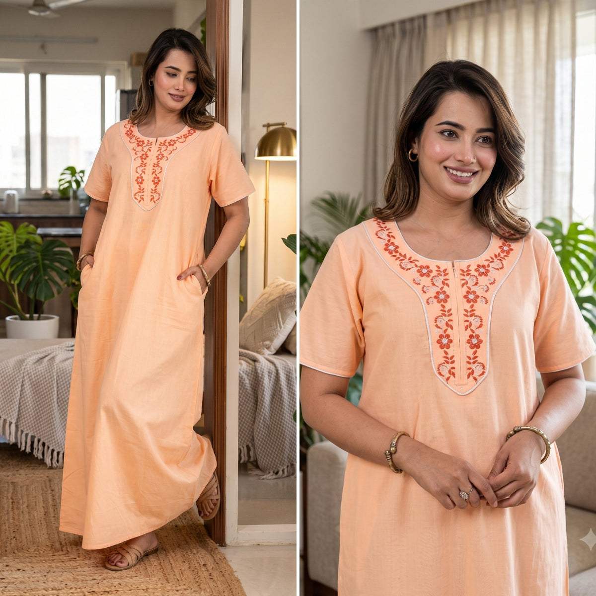 Flora Grace Peach Embroidered Cotton Night Gown