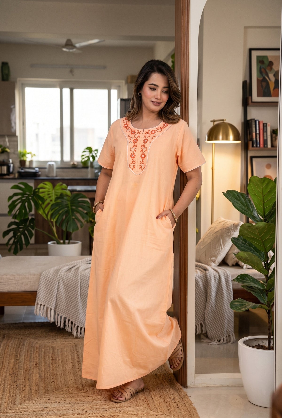 Flora Grace Peach Embroidered Cotton Night Gown