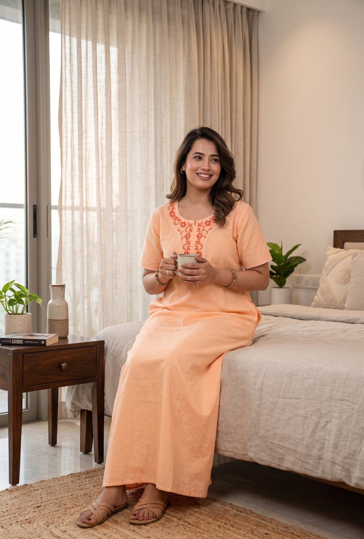 Flora Grace Peach Embroidered Cotton Night Gown