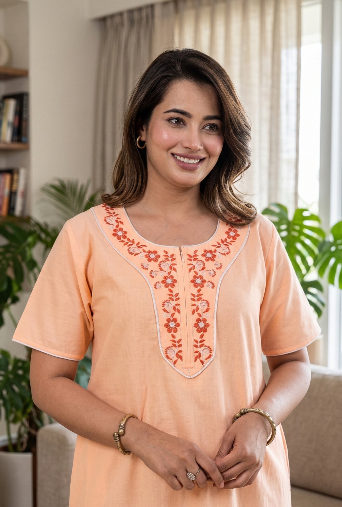 Flora Grace Peach Embroidered Cotton Night Gown
